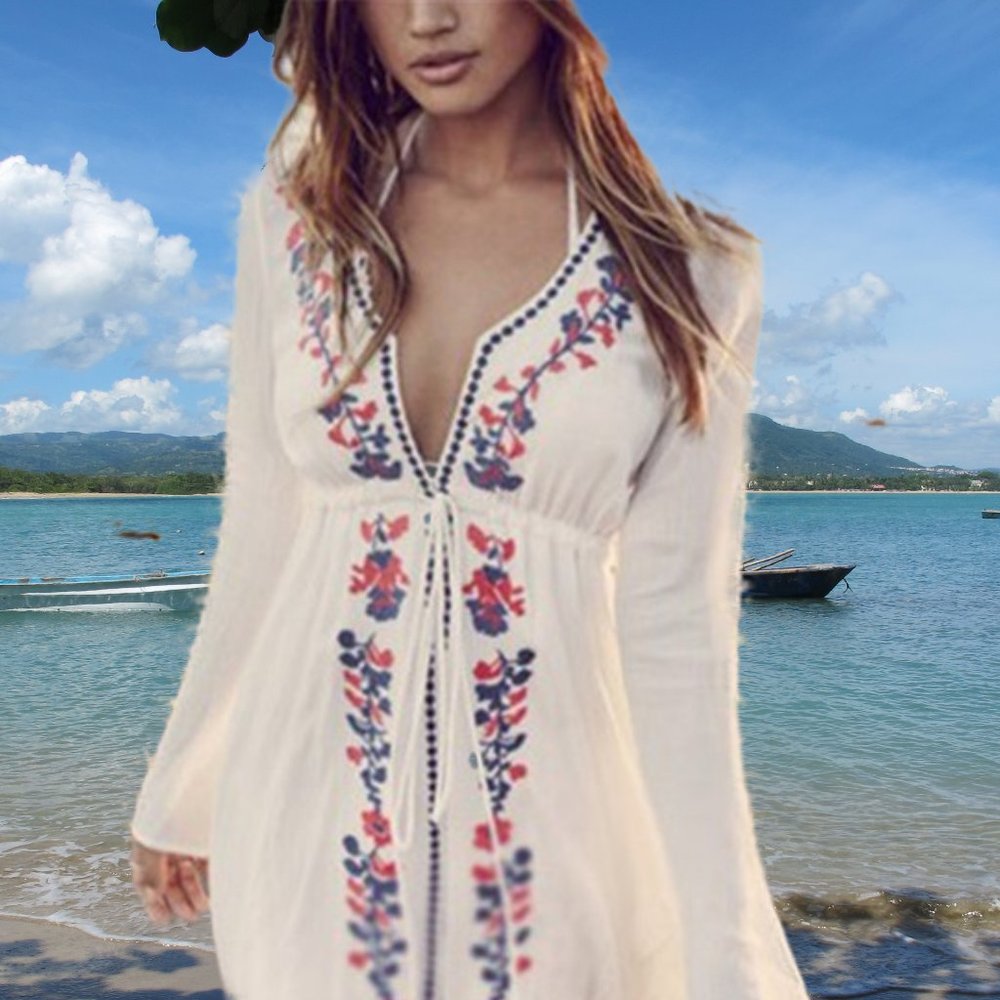 Beach Cover-up Embroidery Cotton Women Kaftan